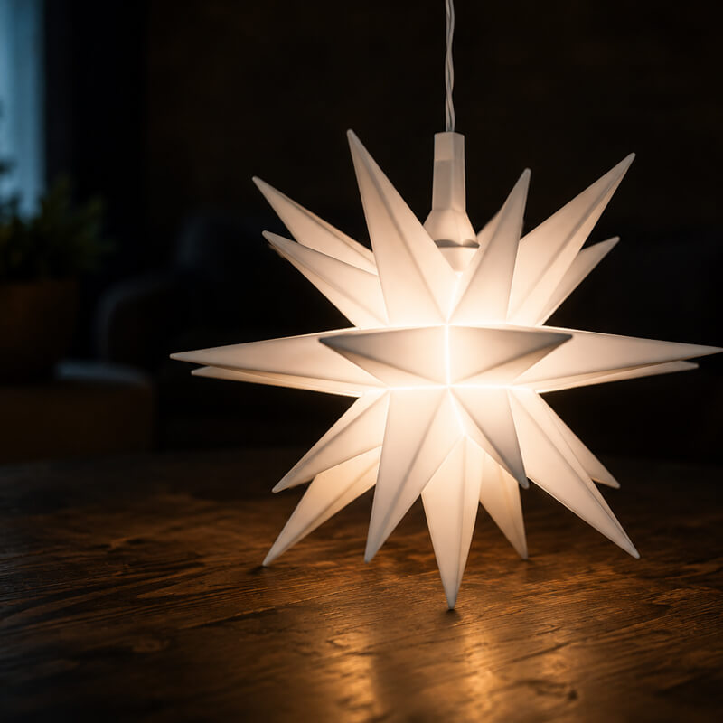Mnistar lit up on wooden table