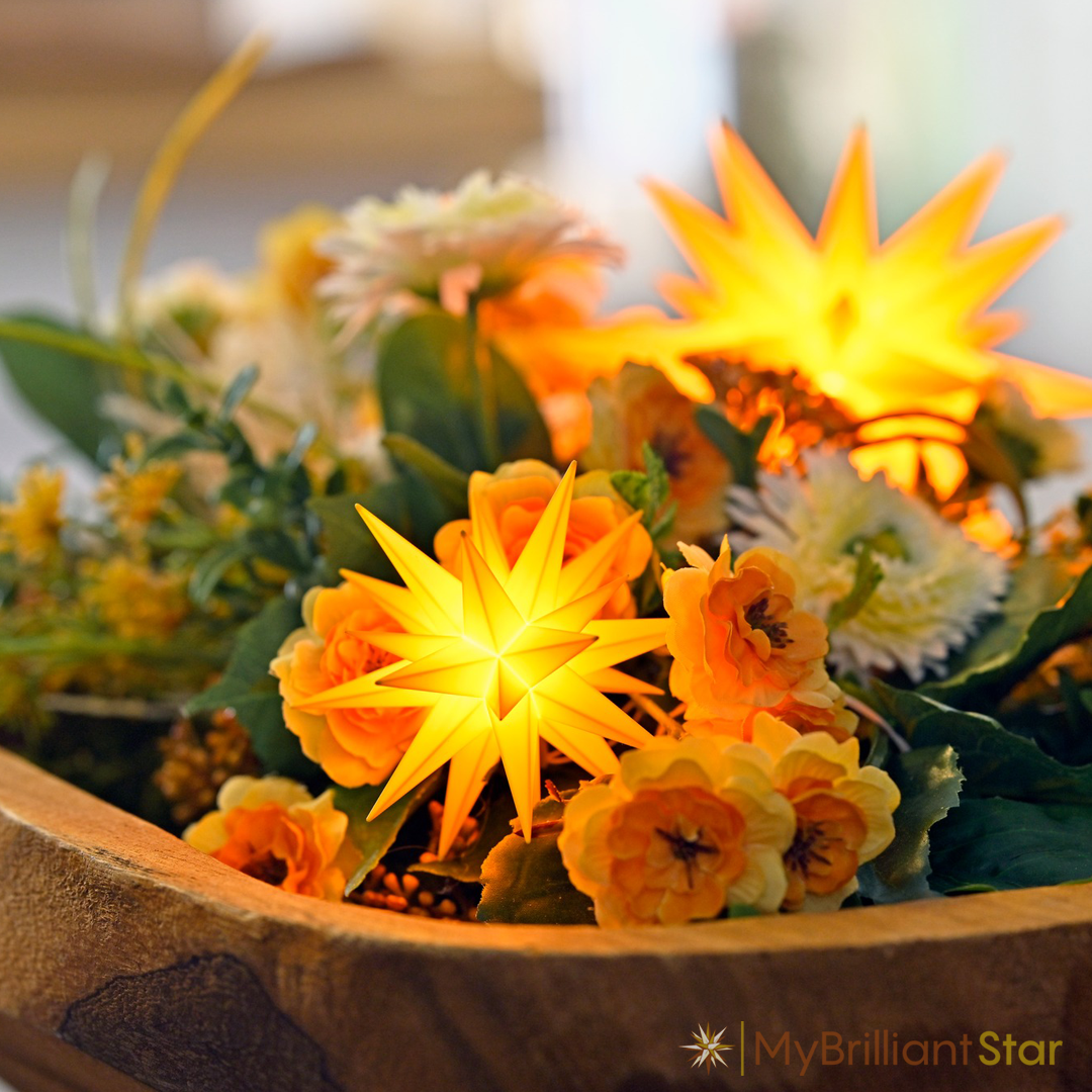 Flower basket decorated with Original Herrnhut plastic MINISTAR, yellow, ~ 8 cm / 3 inch ø - LED