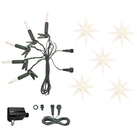 White Herrnhut five-star LED chain kit with transformer, connection cable and accessories