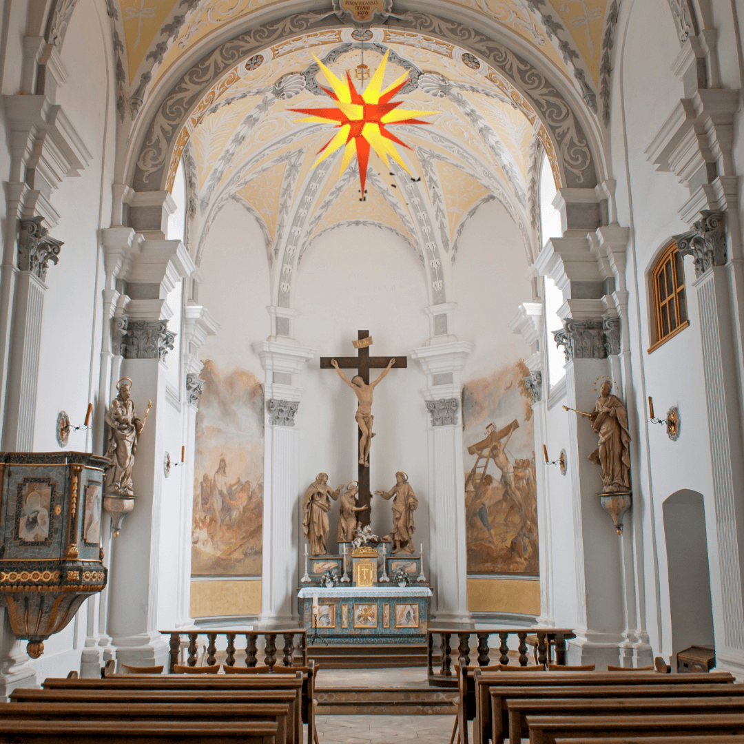 Church decorated with Original Herrnhut plastic star, yellow / red, ~ 130 cm / 51 inch ø