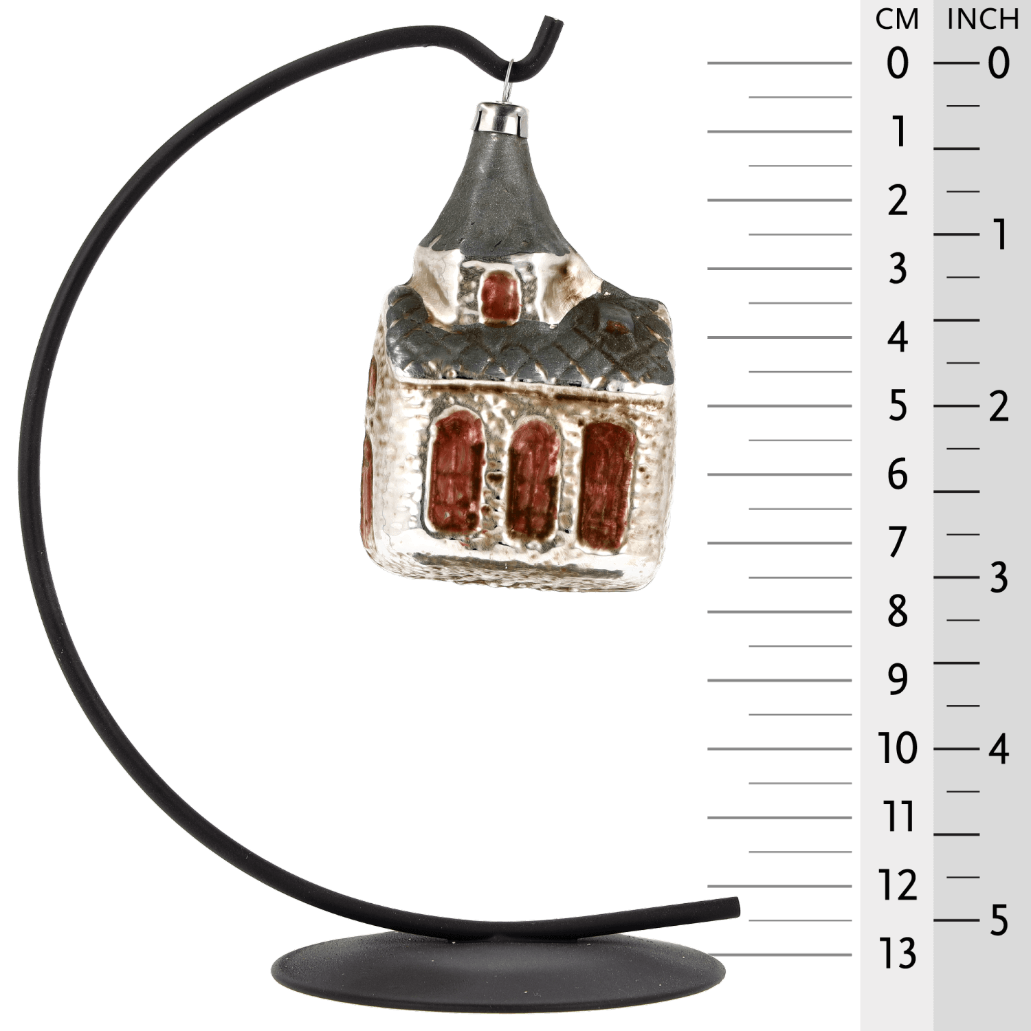 MAROLIN® - Glass ornament "Church with blue roof" hanging on a star bow