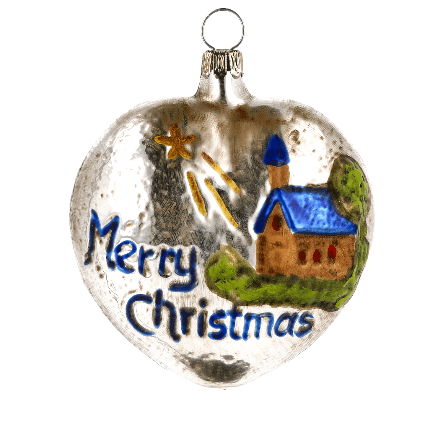 MAROLIN® - Glass ornament "Heart with church and stars blue roof"
