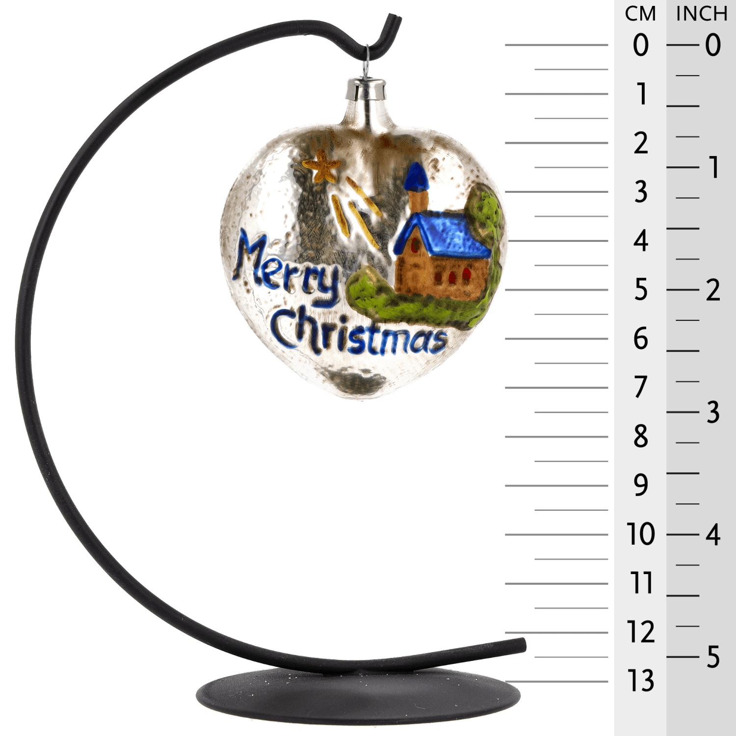 MAROLIN® - Glass ornament "Heart with church and stars blue roof" on a star bow