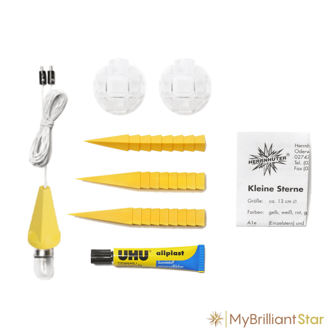 DIY Kit - Original Herrnhut plastic star, ~ 13 cm / 5 inch ø includes yellow star parts, light bulb, wire and glue
