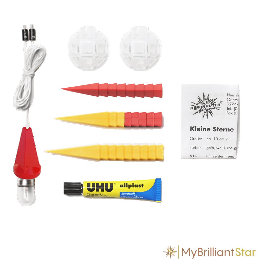 DIY Kit - Original Herrnhut plastic star, ~ 13 cm / 5 inch ø includes red and yellow star parts, light bulb, wire and glue