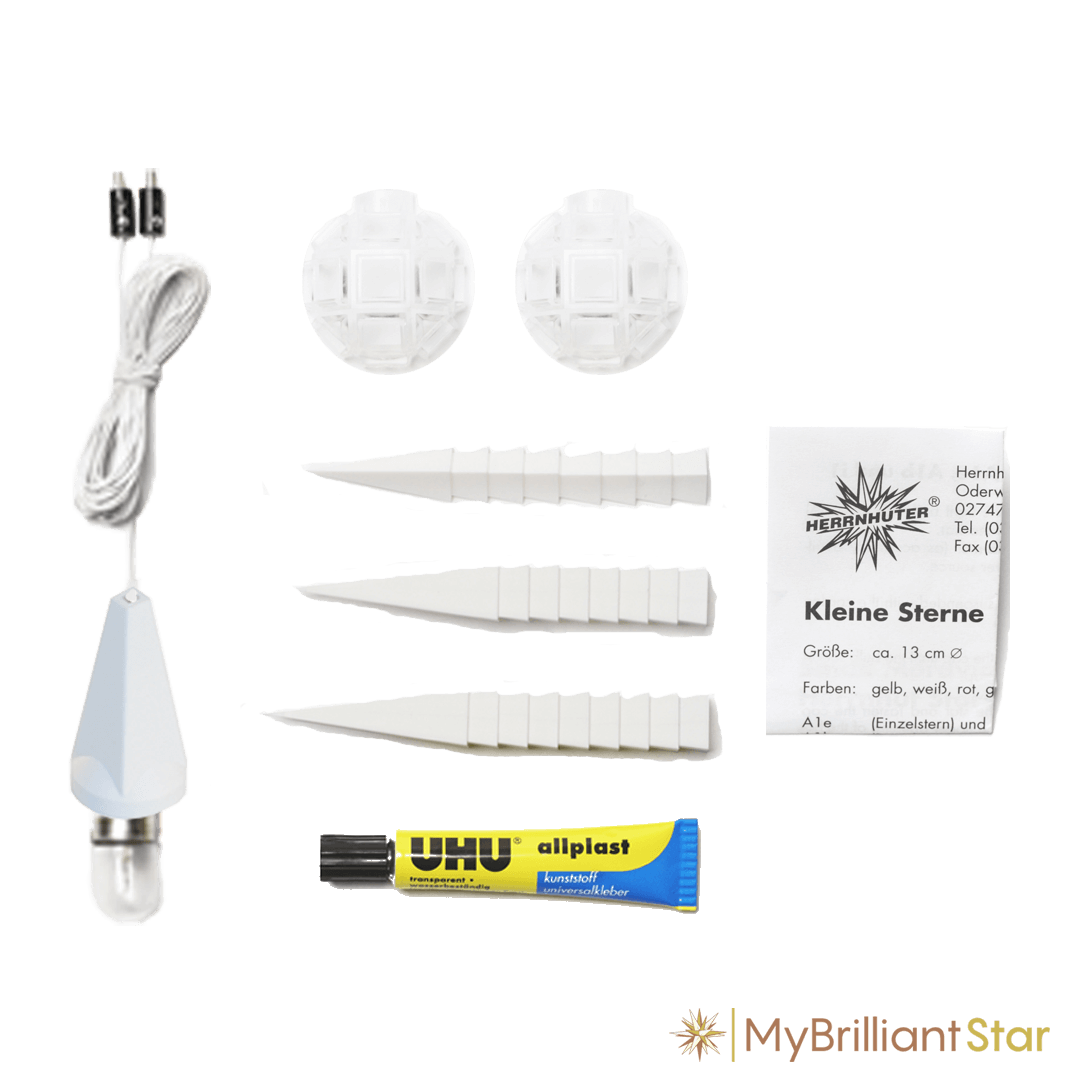DIY Kit - Original Herrnhut plastic star, ~ 13 cm / 5 inch ø includes white star parts, light bulb, wire and glue