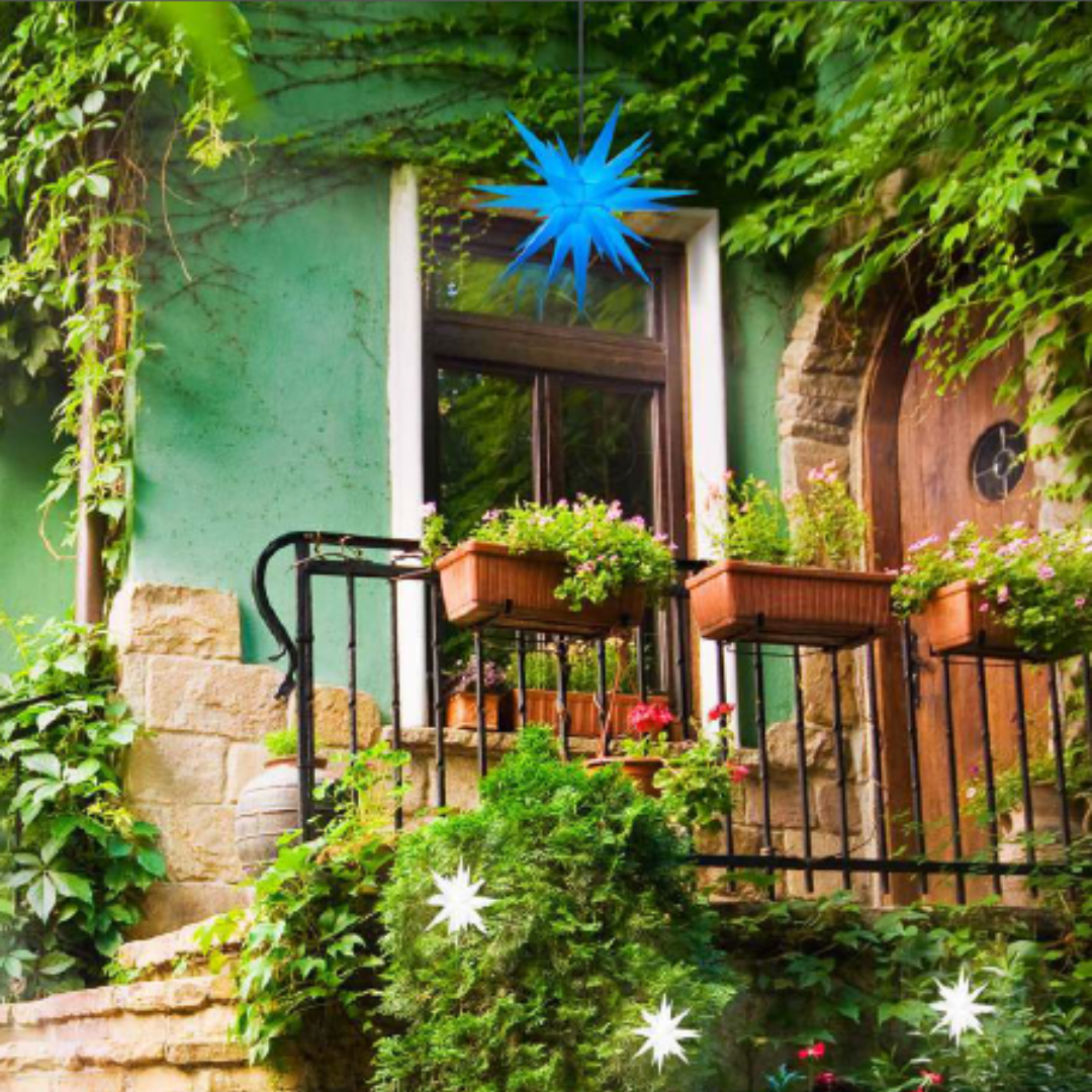 house entrances decorated with Original Herrnhut plastic star, z-blue, ~ 70 cm / 27 inch ø