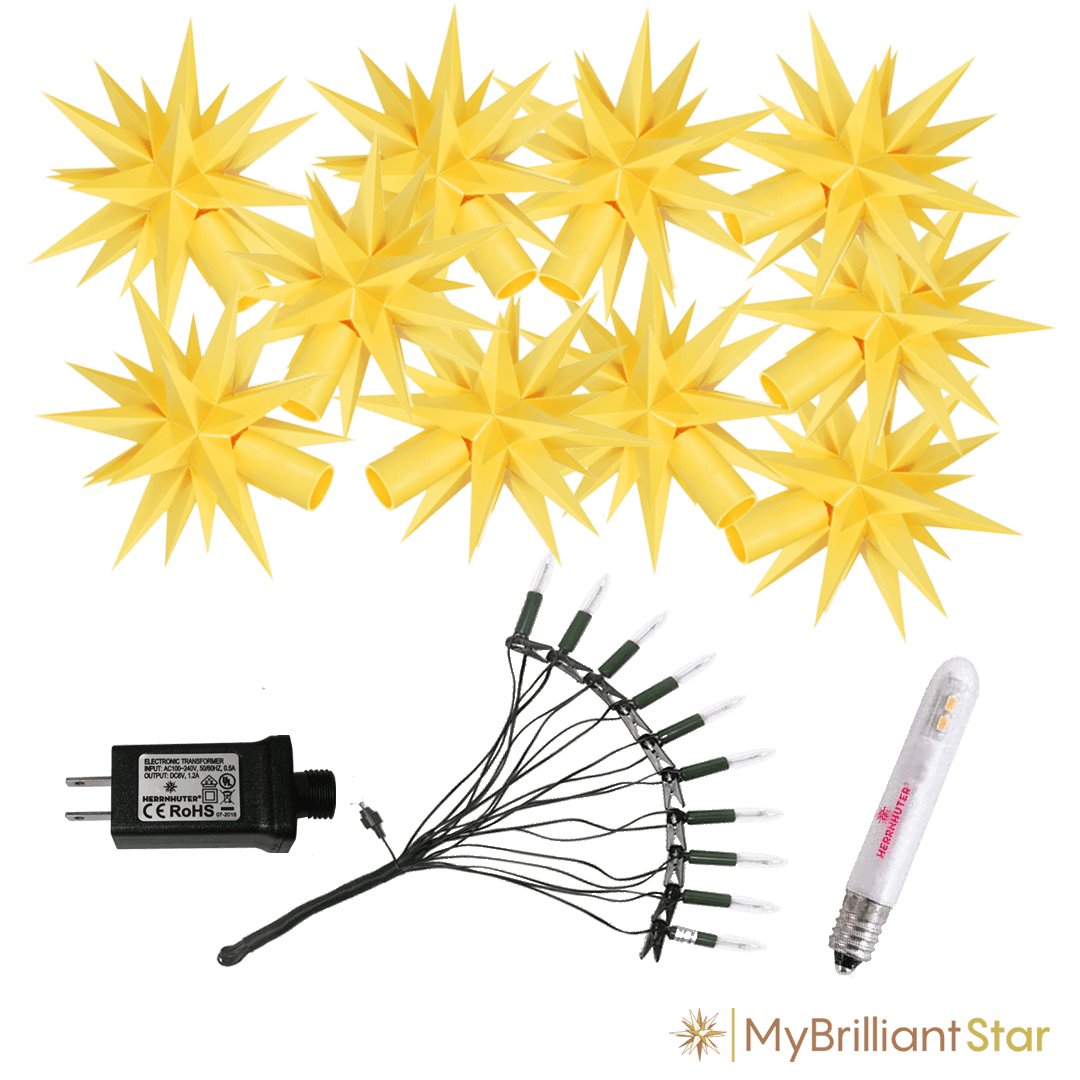 Yellow Herrnhut Plastic Star Chain with 10 stars, each measuring 13 cm / 5 inches in diameter.