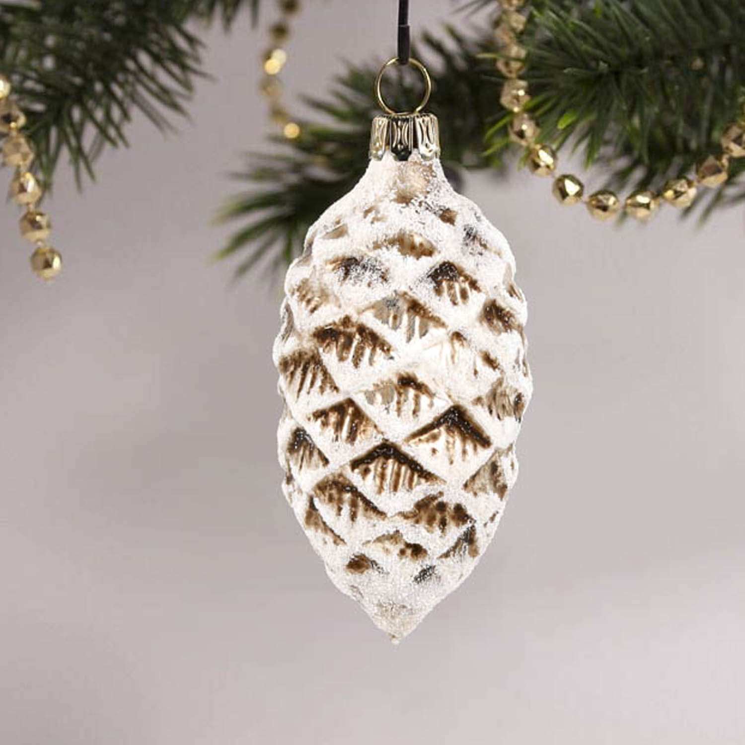 MAROLIN® - Glass ornament "Cone with snow antique white" in tree