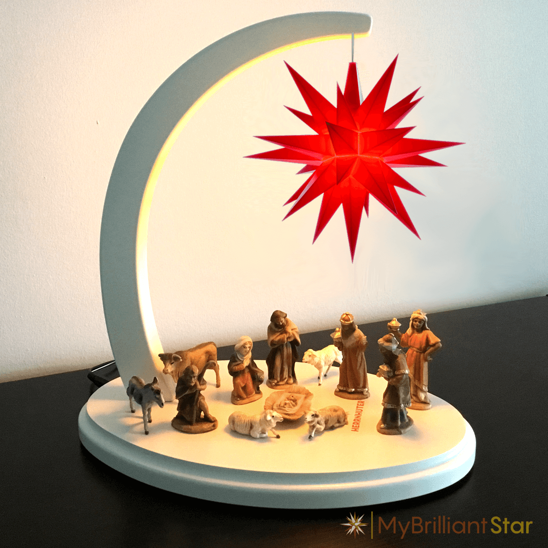White painted Starbow with red Herrnhut star and the nativity scene