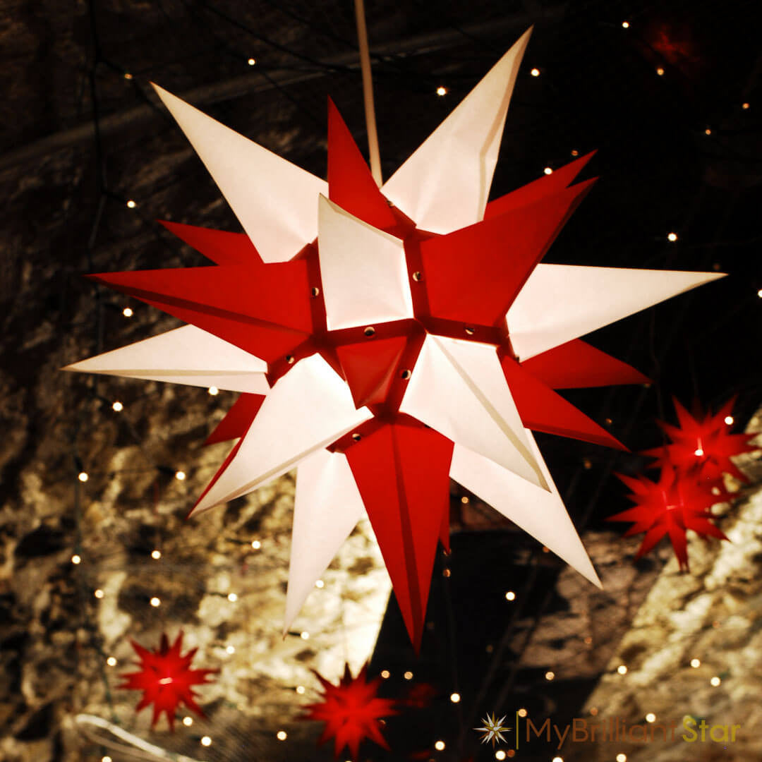 Original Herrnhut paper star, white / red, ~ 40 cm / 16 inch ø shining bright