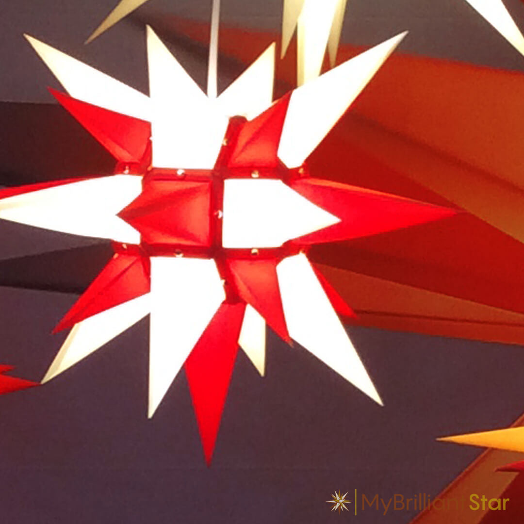 Original Herrnhut paper star, white / red, ~ 40 cm / 16 inch ø shining bright inside a room