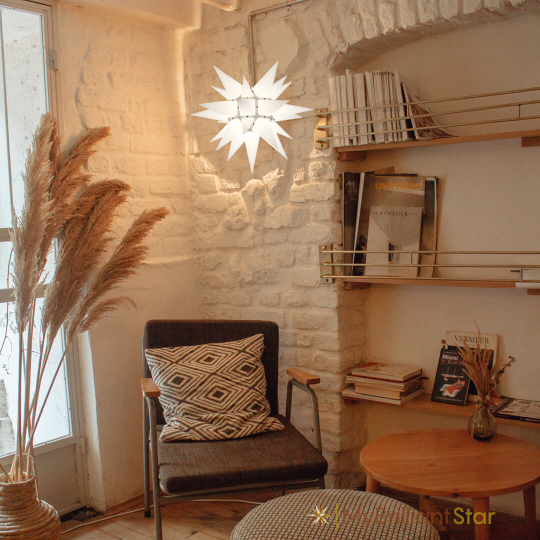 Original Herrnhut paper star, white, ~ 40 cm / 16 inch ø in living room