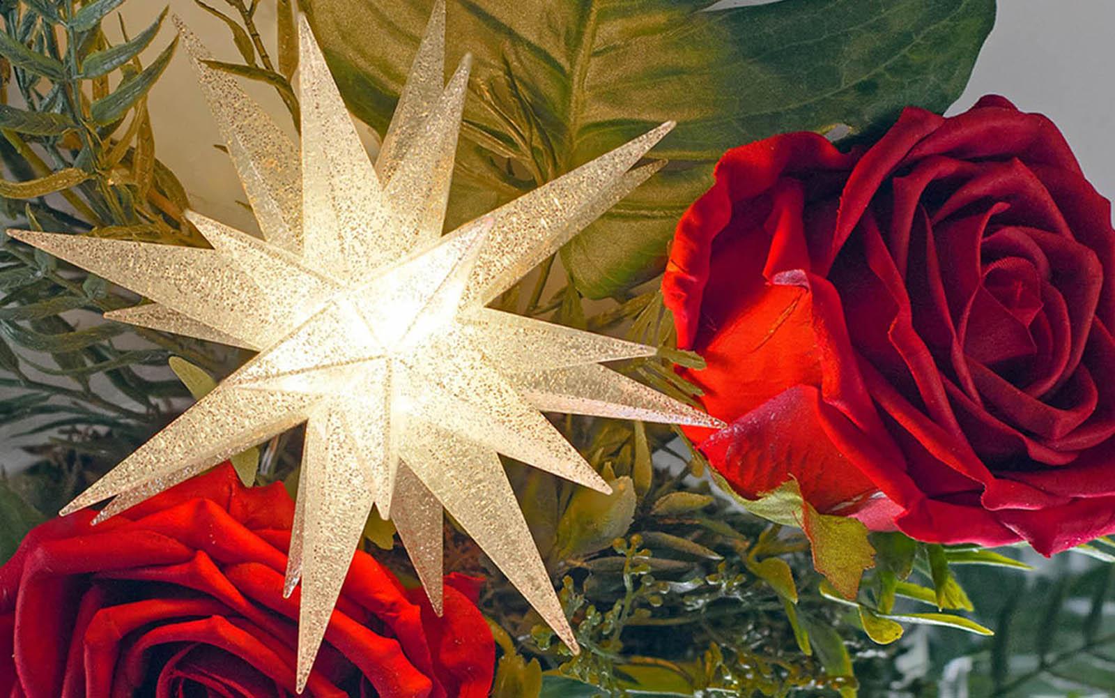 Silver Glitter Herrnhut Star with red roses