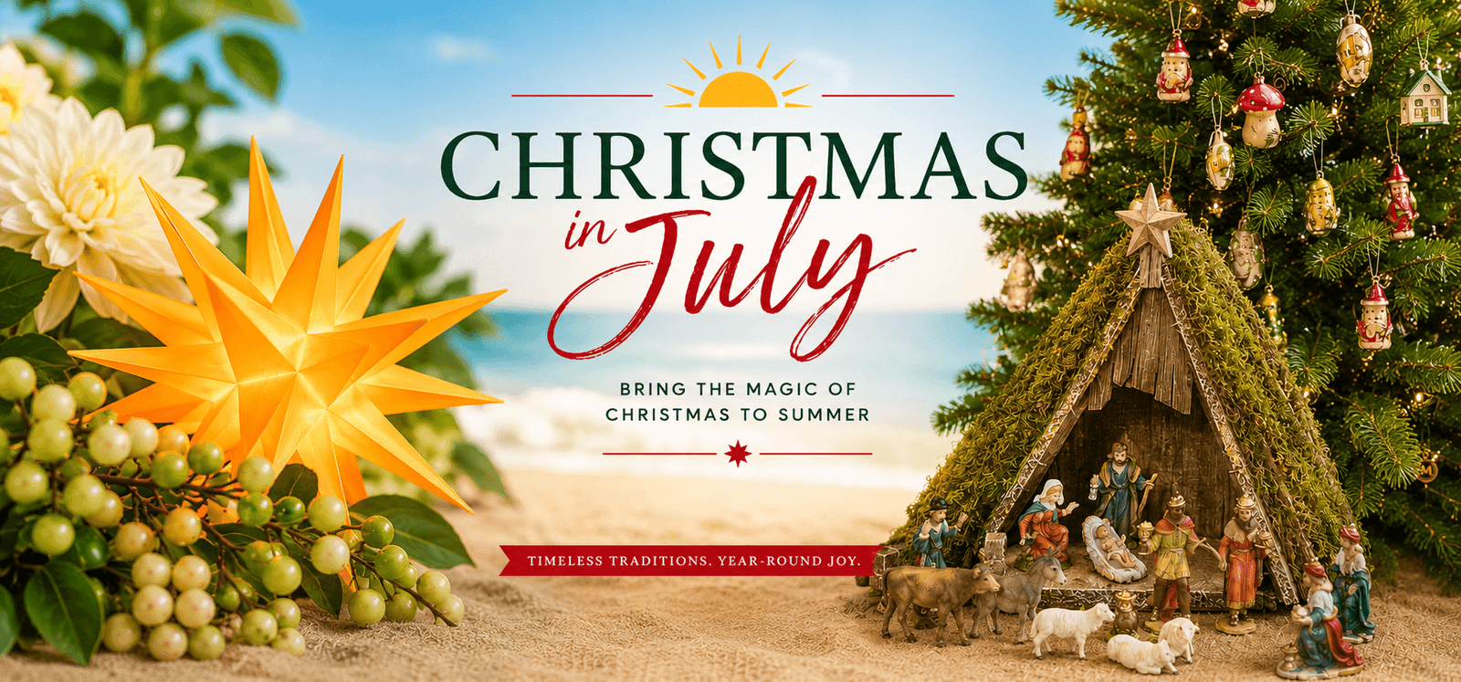 Christmas decoration on a beach with aHerrnhut Star, tree with ornaments, and a nativity