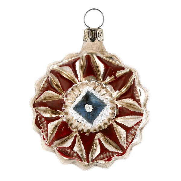 Handblown glass ornament featuring an American kaleidoscope design with vibrant colors and intricate details.