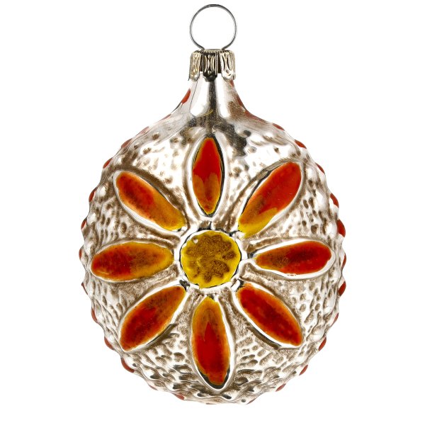 Handblown glass ornament featuring a vibrant Gerbera flower,