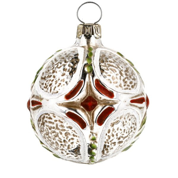 Handblown glass ornament featuring a beautifully crafted cross design with a vintage patinated finish.