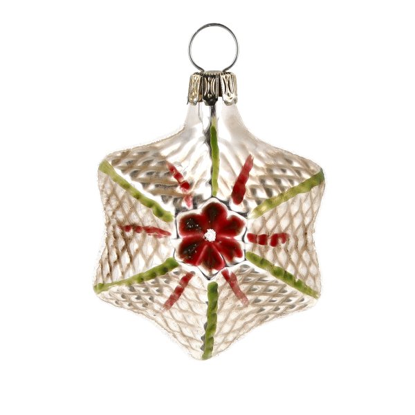 Handblown glass ornament in the shape of a star, featuring intricate details and a vintage patinated finish.