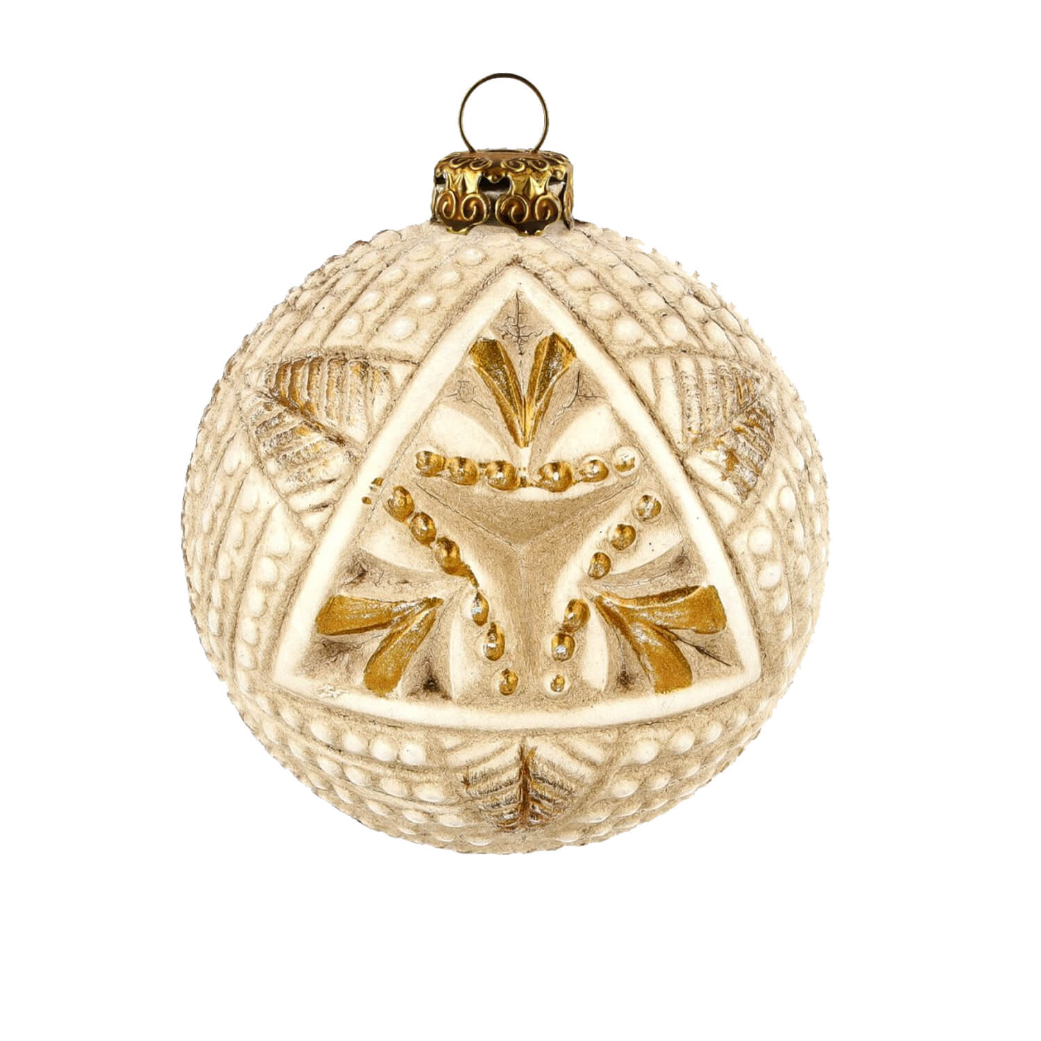 White paper-mâché ball ornament with embossed triangle patterns and gold accents.