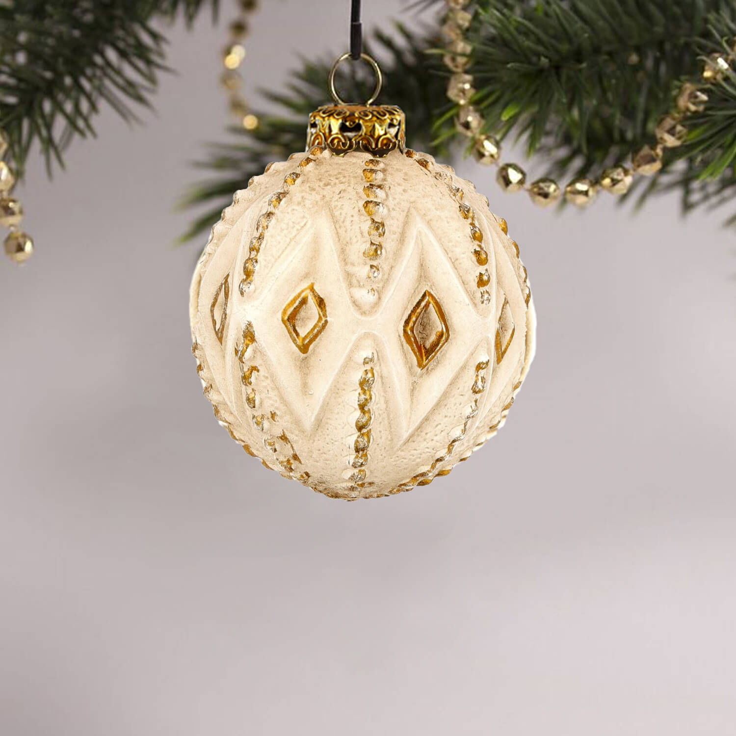 Vintage Christmas Ornament "Rhombus" hanging on a Christmas tree