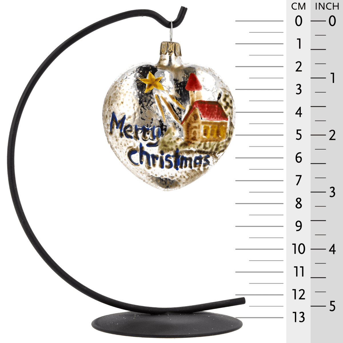 MAROLIN® - Glass ornament &quot;Heart with church and stars red roof&quot; hanging on star bow