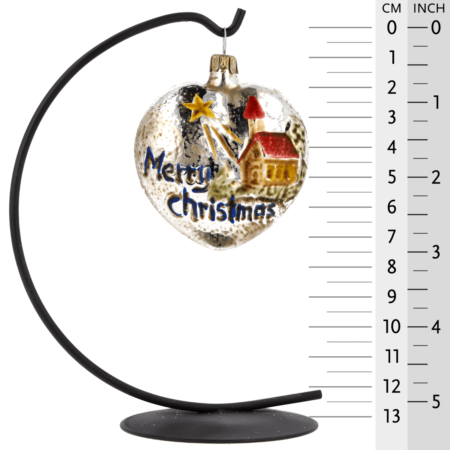 MAROLIN® - Glass ornament "Heart with church and stars red roof" hanging on star bow