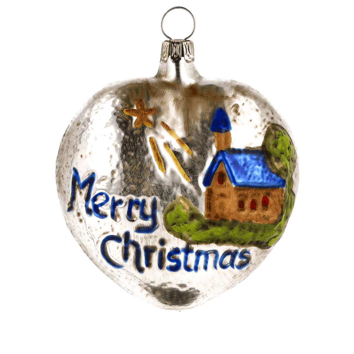 MAROLIN® - Glass ornament &quot;Heart with church and stars blue roof&quot;