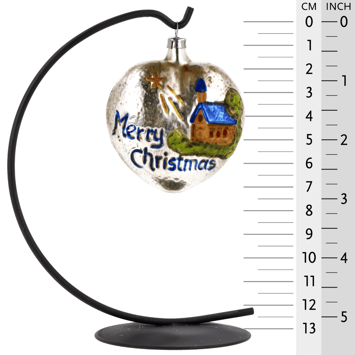 MAROLIN® - Glass ornament &quot;Heart with church and stars blue roof&quot; on a star bow