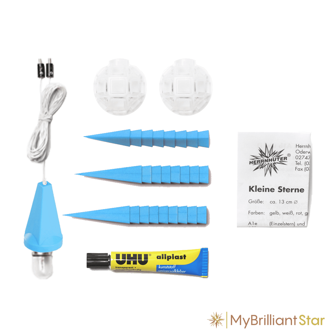 DIY Kit - Original Herrnhut plastic star, ~ 13 cm / 5 inch ø includes blue star parts, light bulb, wire and glue
