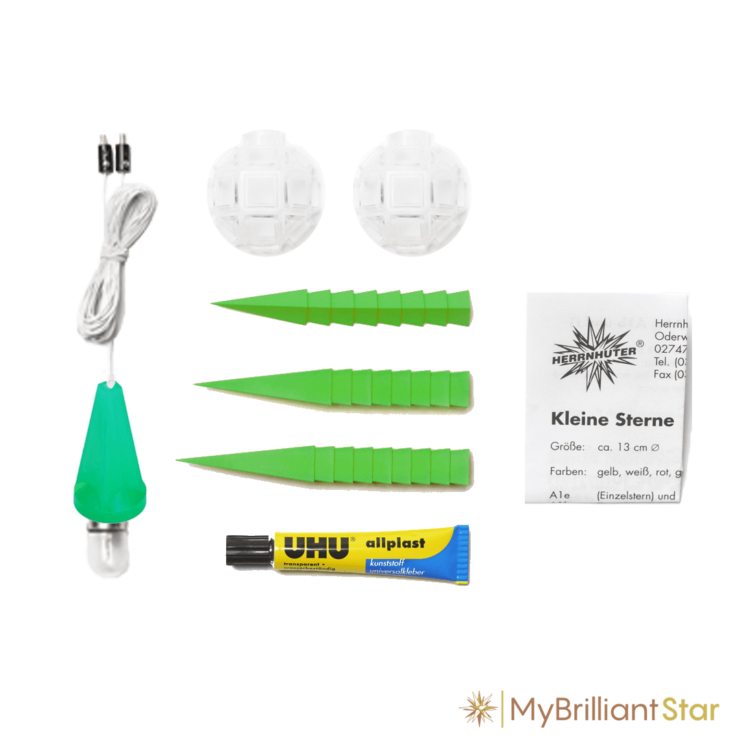 DIY Kit - Original Herrnhut plastic star, ~ 13 cm / 5 inch ø includes green star parts, light bulb, wire and glue