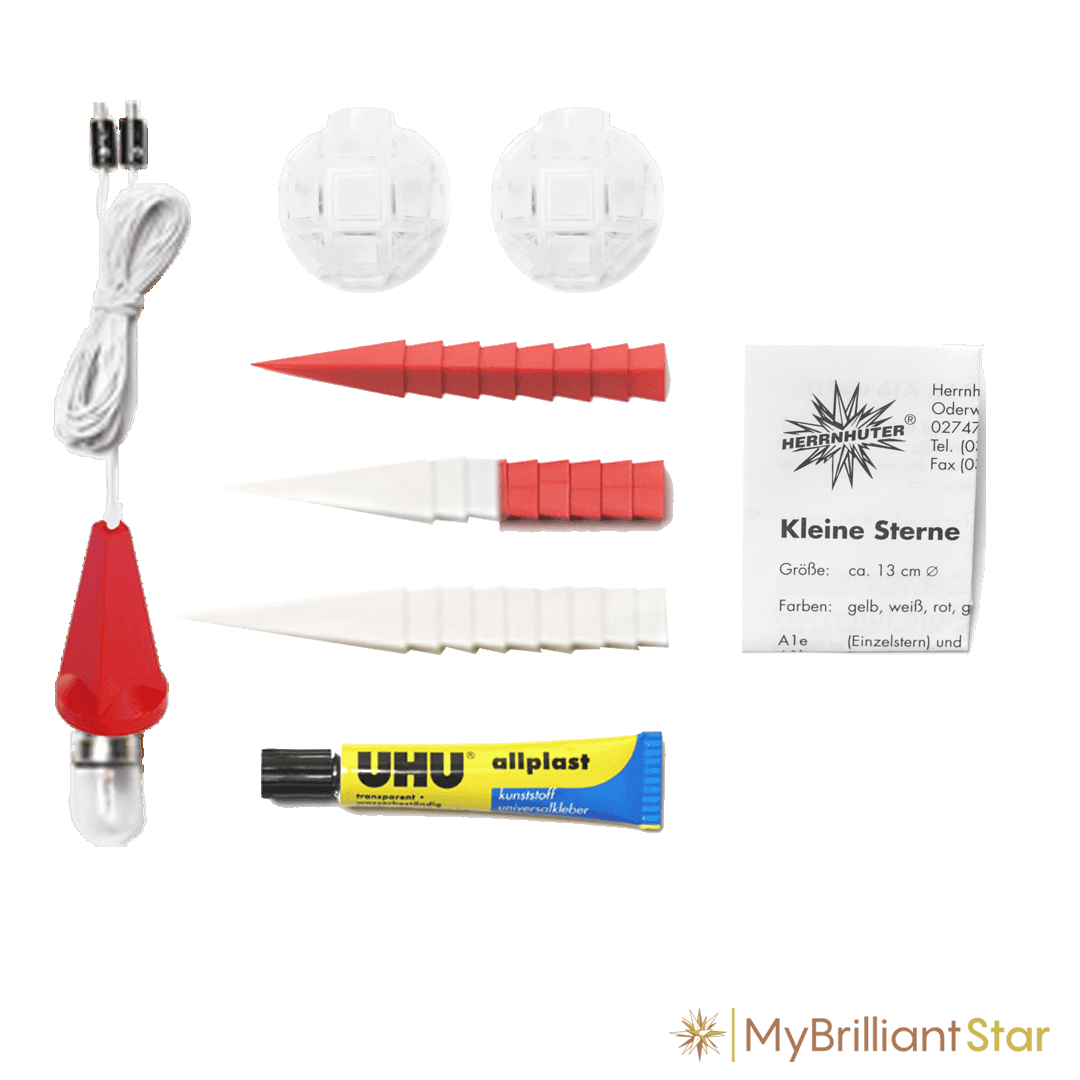 DIY Kit - Original Herrnhut plastic star, ~ 13 cm / 5 inch ø includes red and white star parts, light bulb, wire and glue