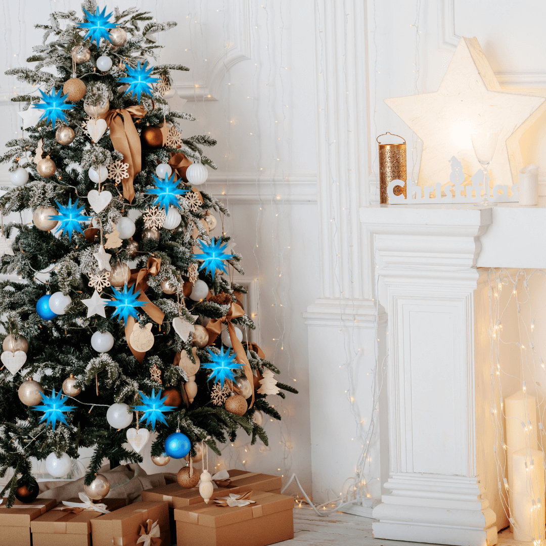 Blue Star chain decorating a Christmas tree