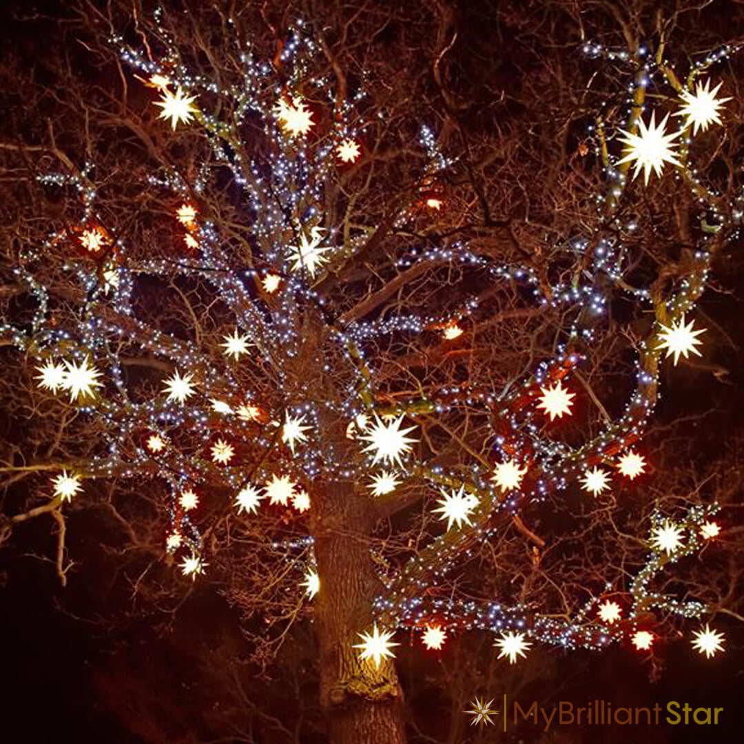 Original Herrnhut plastic star chain, white, shining in a tree