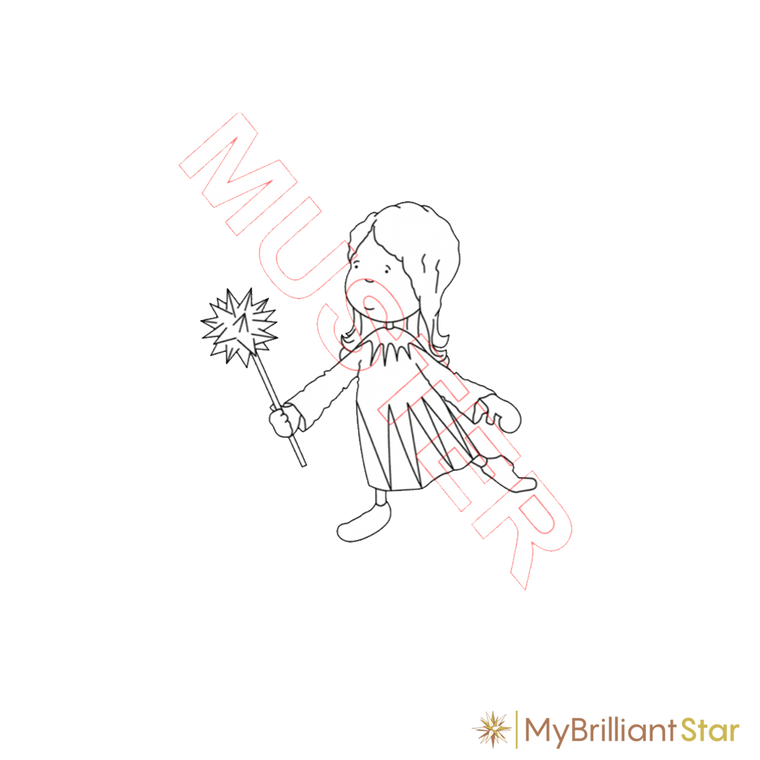 A muster page from the colouring book Emmil and Jonas, picturing Emmi with a star in her hand.