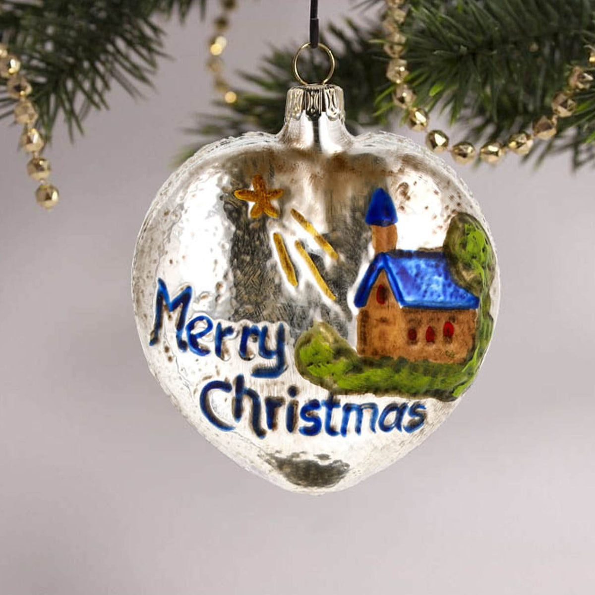 MAROLIN® - Glass ornament &quot;Heart with church and stars blue roof&quot;
