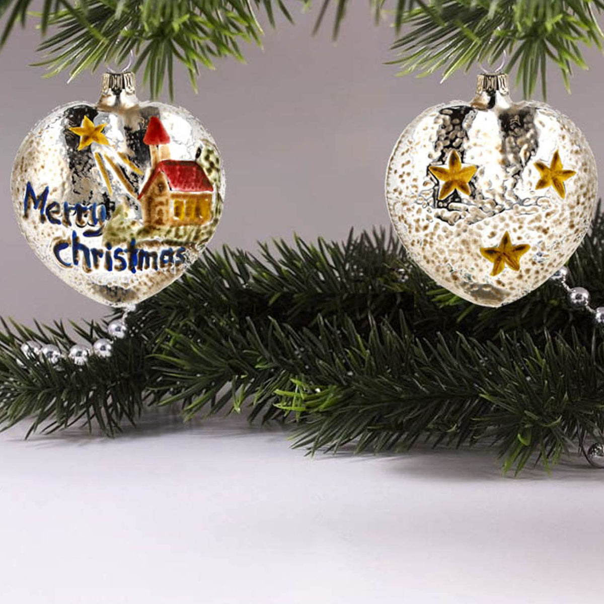 MAROLIN® - Glass ornament &quot;Heart with church and stars red roof&quot; from both sides