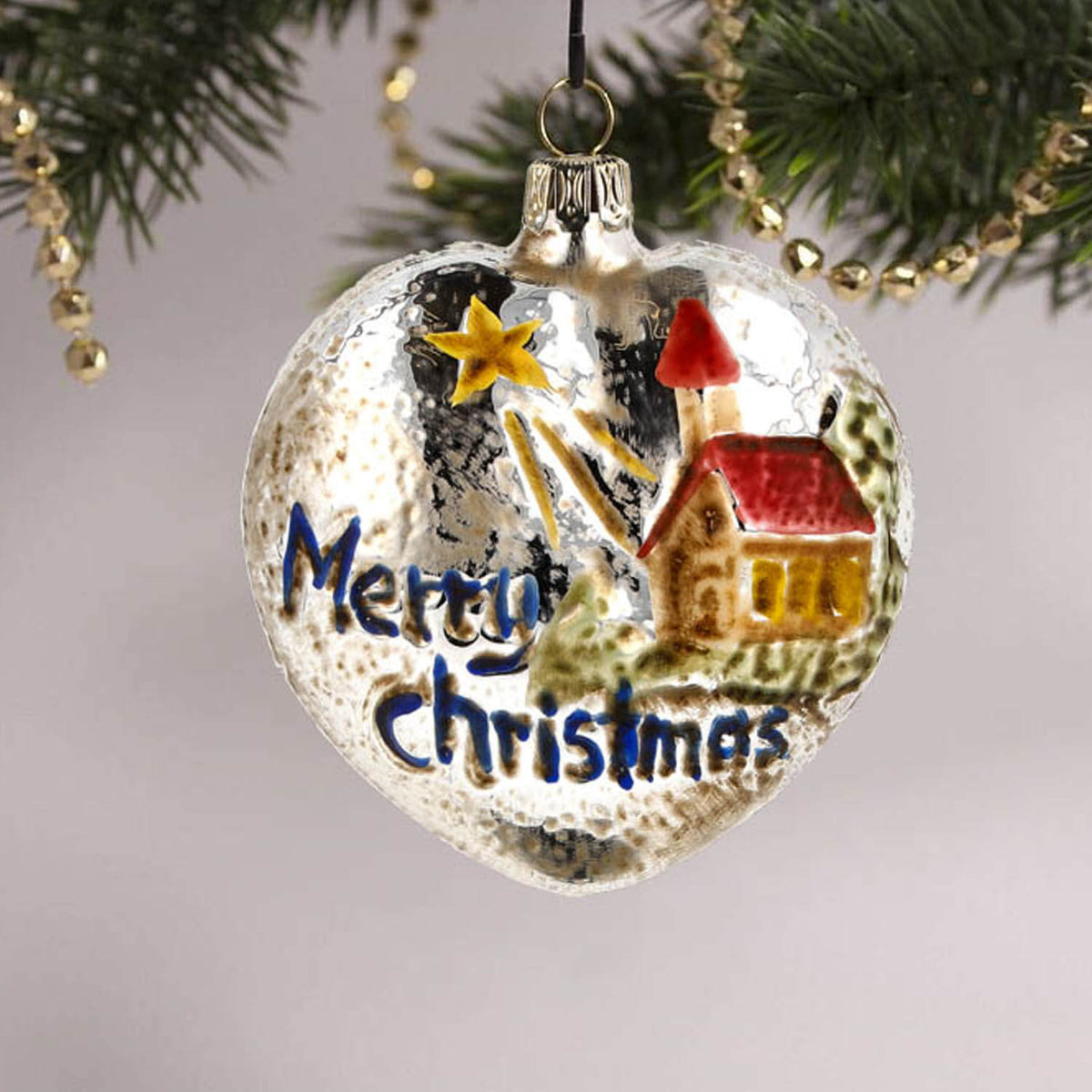MAROLIN® - Glass ornament &quot;Heart with church and stars red roof&quot; hanging in Christmas tree