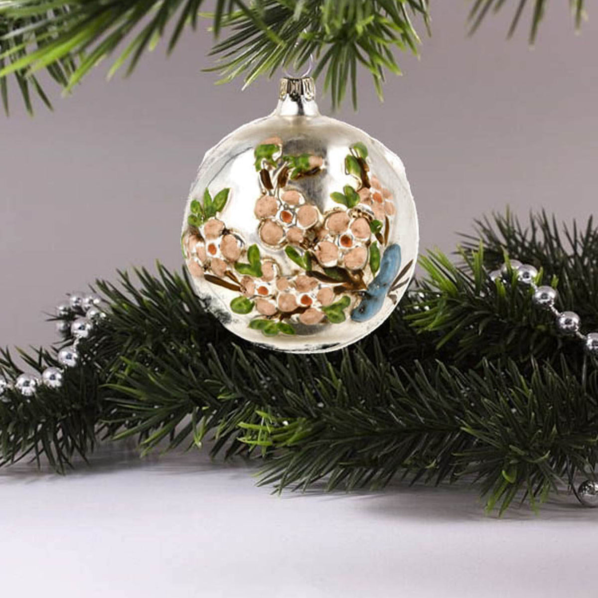 MAROLIN® - Glass ornament &quot;Ball with flower branch with glitter&quot;