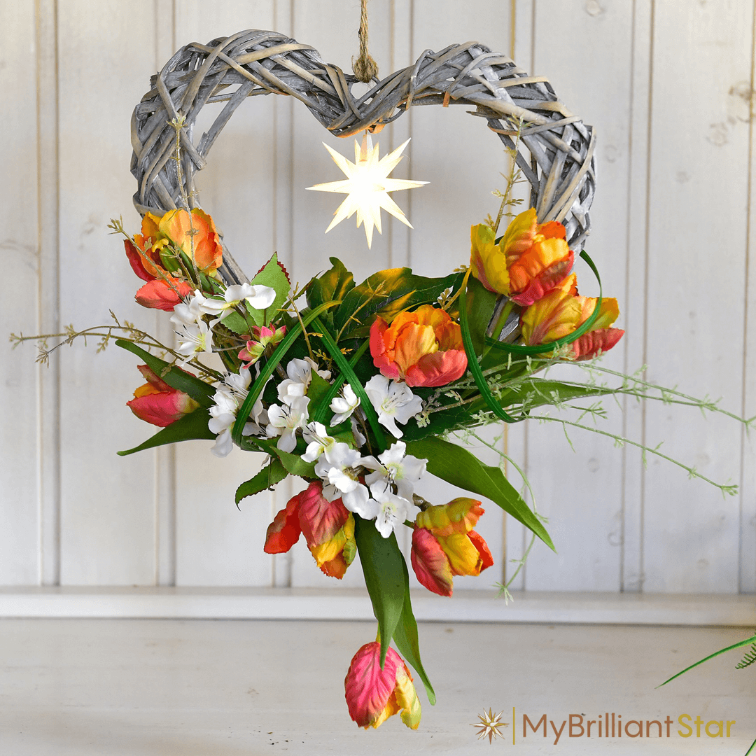 ha braided heart decorated with the Original Herrnhut plastic MINISTAR, white, ~ 8 cm / 3 inch ø - LED bulb