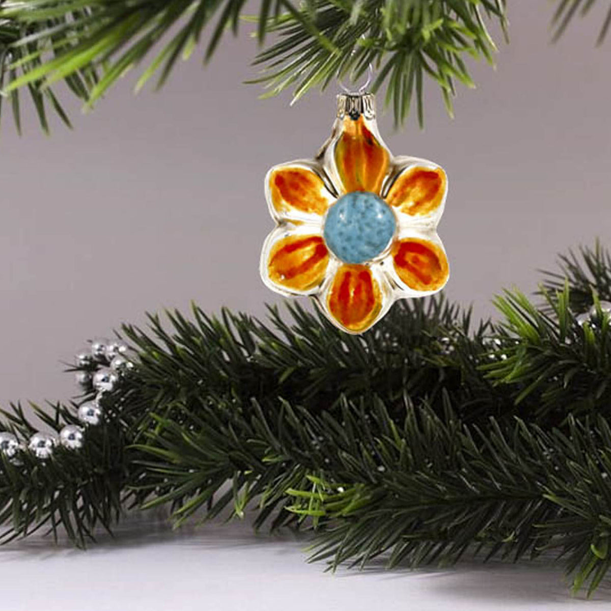 MAROLIN® - Miniature glass ornament &quot;Bloom orange&quot; hanging on tree