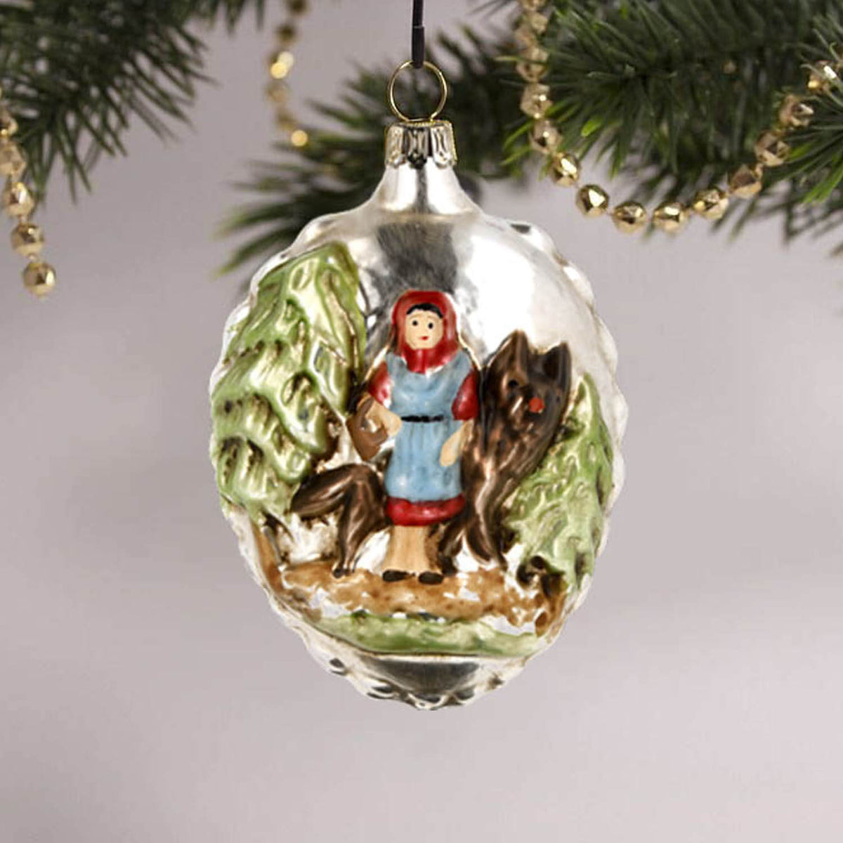 MAROLIN® - Glass ornament &quot;Little Red Riding Hood&quot; hanging in Christmas tree