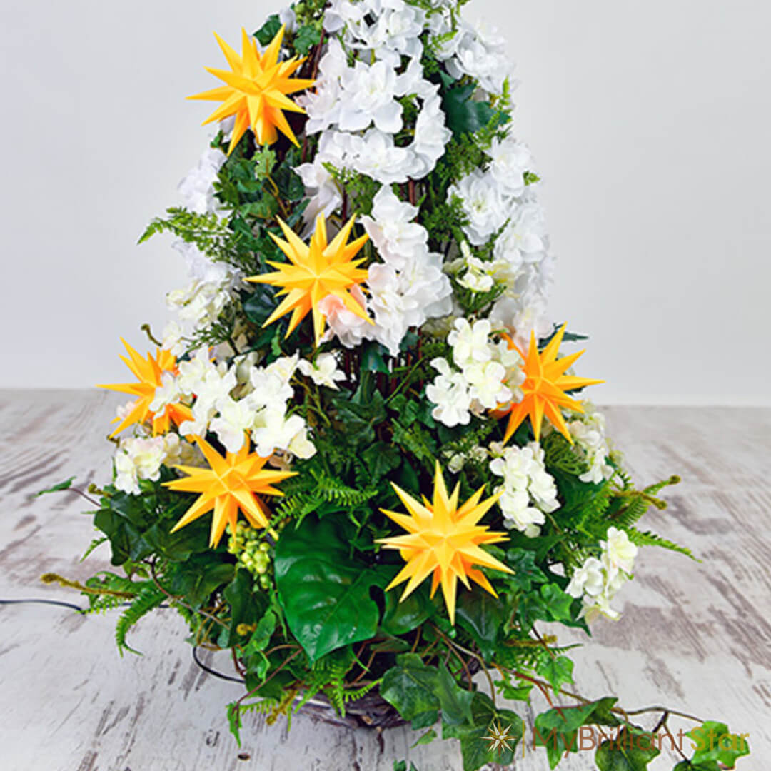 Yellow Herrnhut Plastic Star Chain with 10 stars, each measuring 13 cm / 5 inches in diameter.