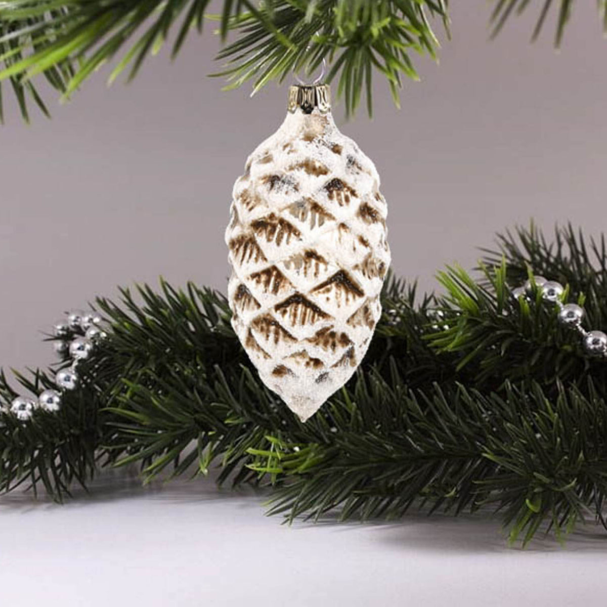 MAROLIN® - Glass ornament &quot;Cone with snow antique white&quot;
