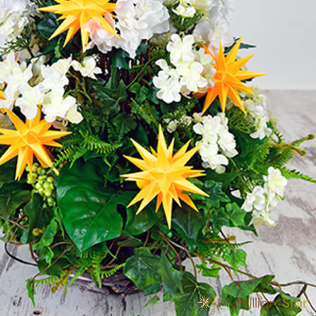 4 Original Herrnhut plastic stars, yellow, ~ 13 cm / 5 inch ø displayed on beautiful green and white plant