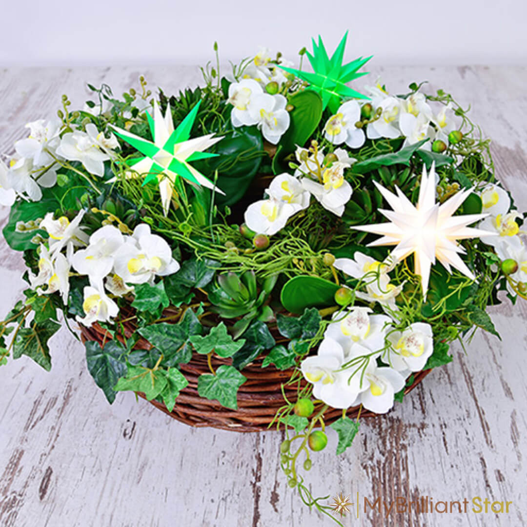 Original Herrnhut plastic star chain, green,decoration flower basket