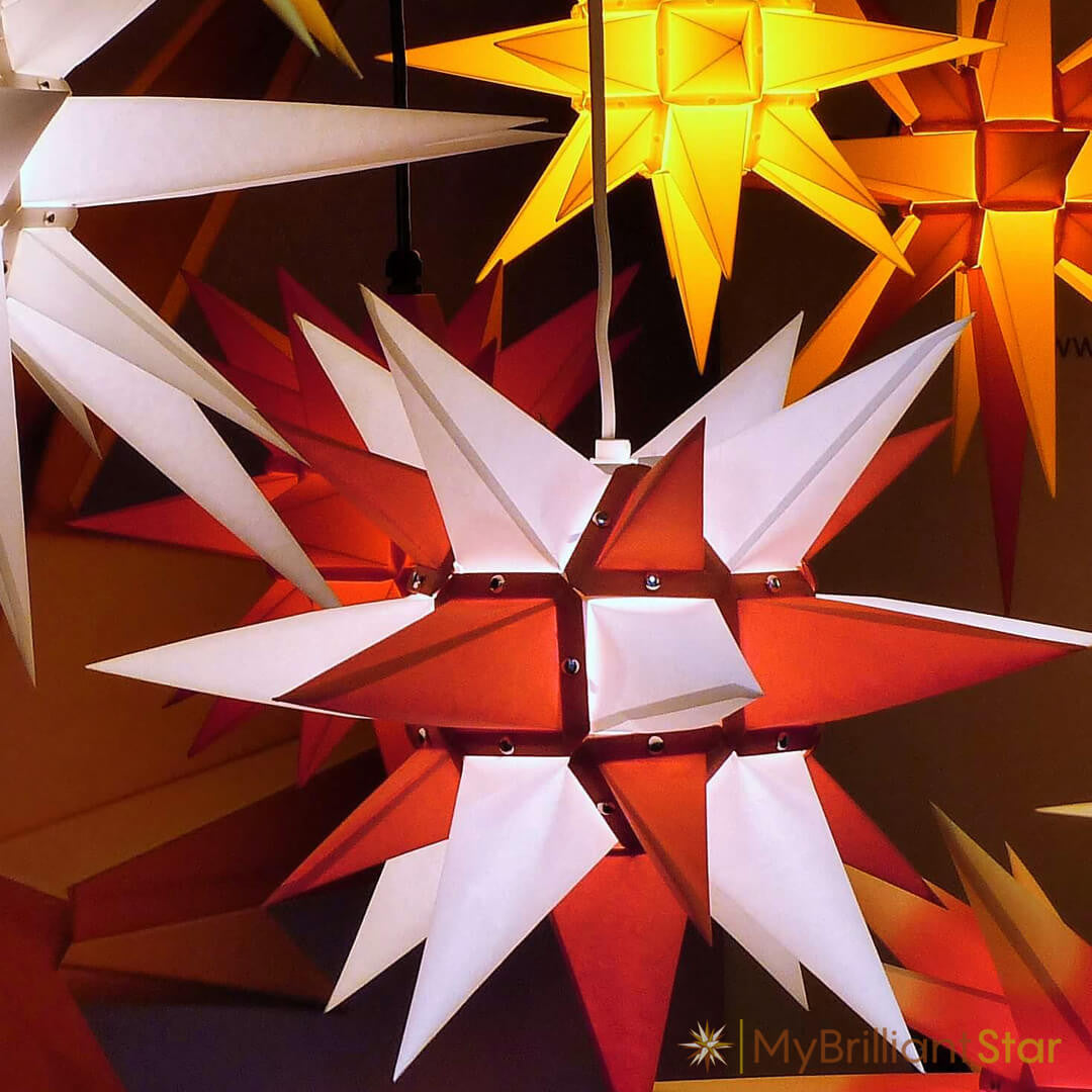 Original Herrnhut paper star, white / red, ~ 40 cm / 16 inch ø together with other Herrnhuter stars