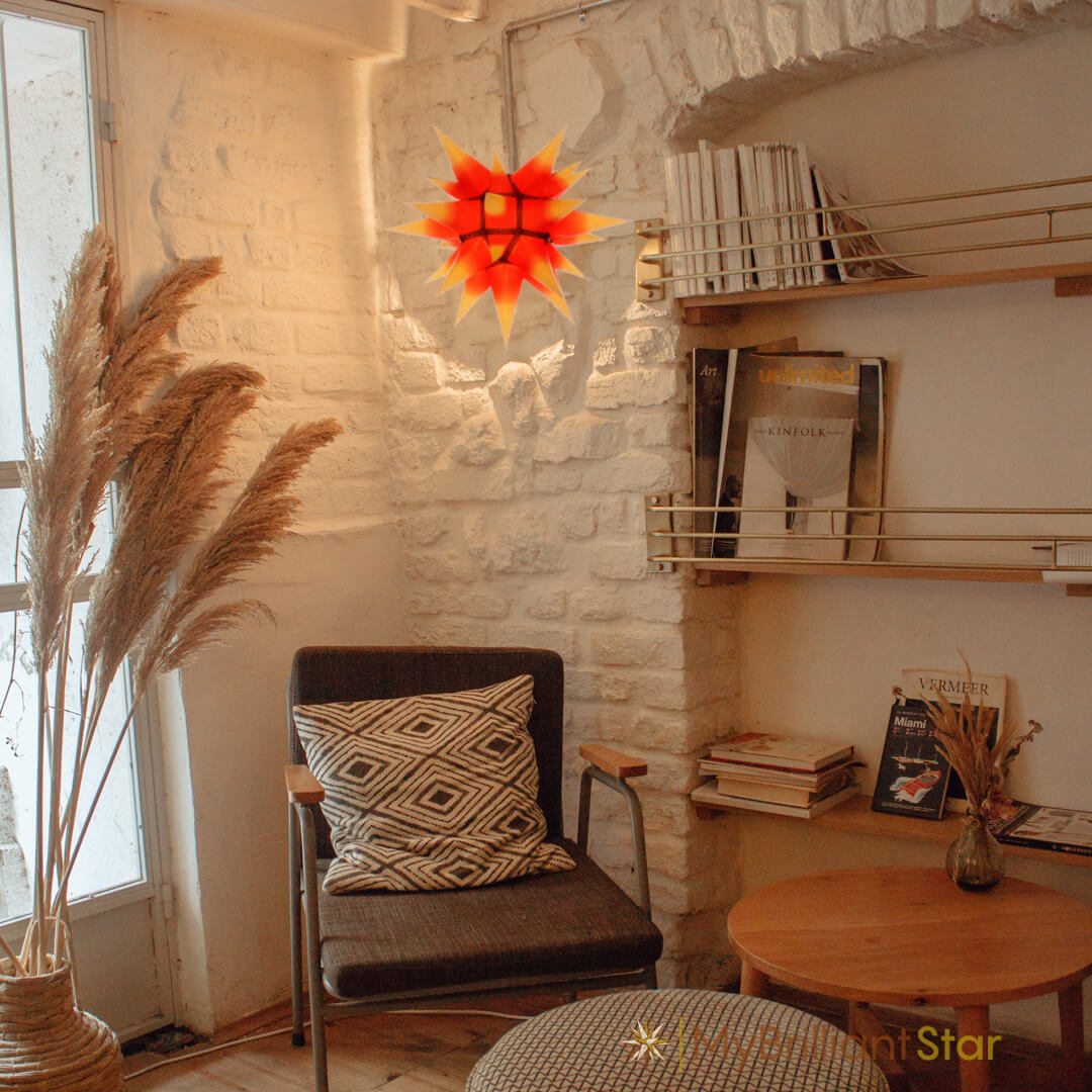 Original Herrnhut paper star, yellow / red center, ~ 40 cm / 16 inch ø