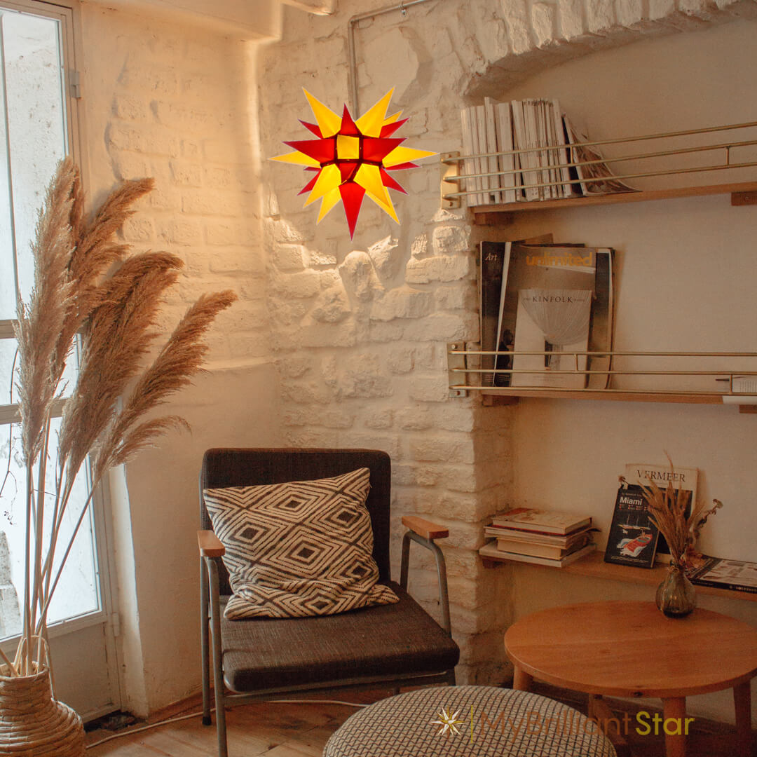 Original Herrnhut paper star, yellow / red, ~ 40 cm / 16 inch ø