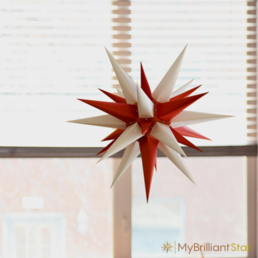Original Herrnhut paper star, white / red, ~ 60 cm / 24 inch ø on white background